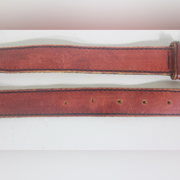 Vintage Red Leather Belt with Gold Statement Buckle Made in USA Black Topstitchi - Picture 8 of 10